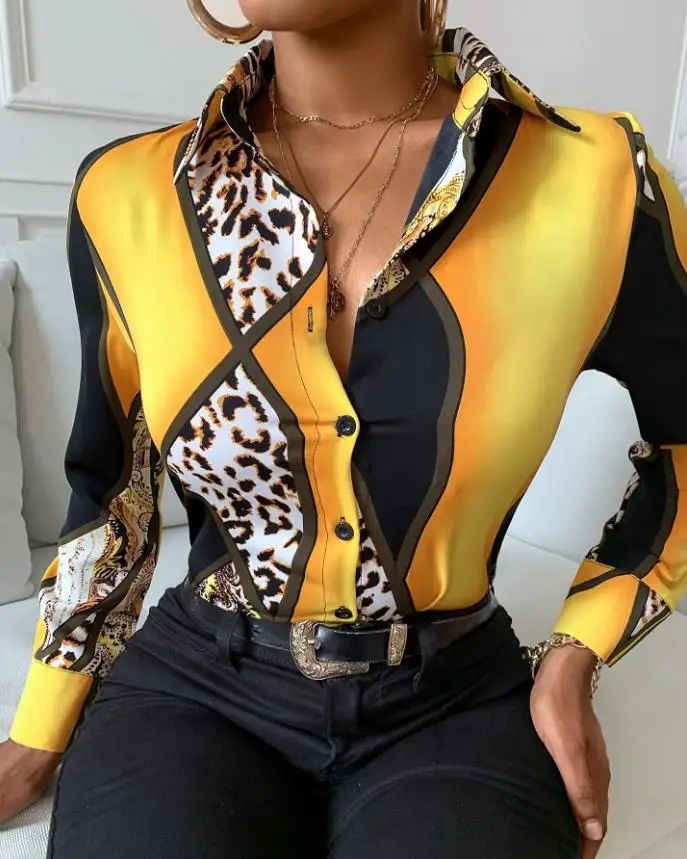 

Women's Long Sleeve Cheetah Print Blouse Turn-Down Collar Buttons Elegant Shirt Ladies Office Wear Spring Autumn