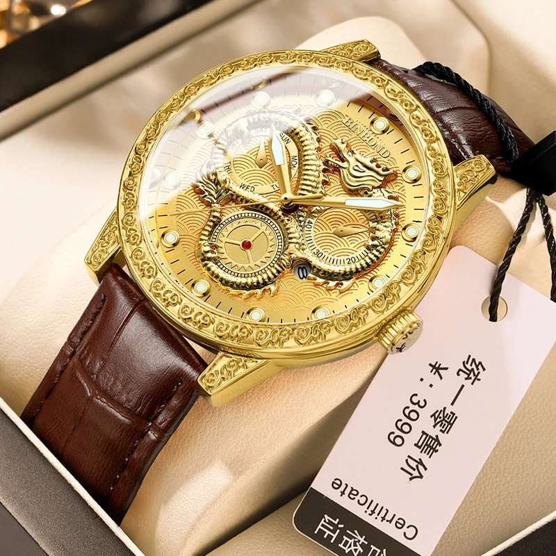 

Модные мужские часы с резьбой под золото и кожаным ремешком, водонепроницаемые светящиеся мужские часы с календарем, Роскошные мужские часы ведущей марки