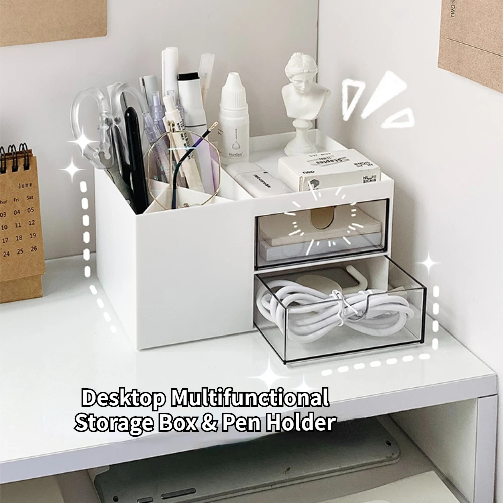 

Ins Desktop Pen Holder Storage Box Multifunctional Stationery Organizer Box Transparent Drawer Jewelry Cosmetic Storage Box Girl