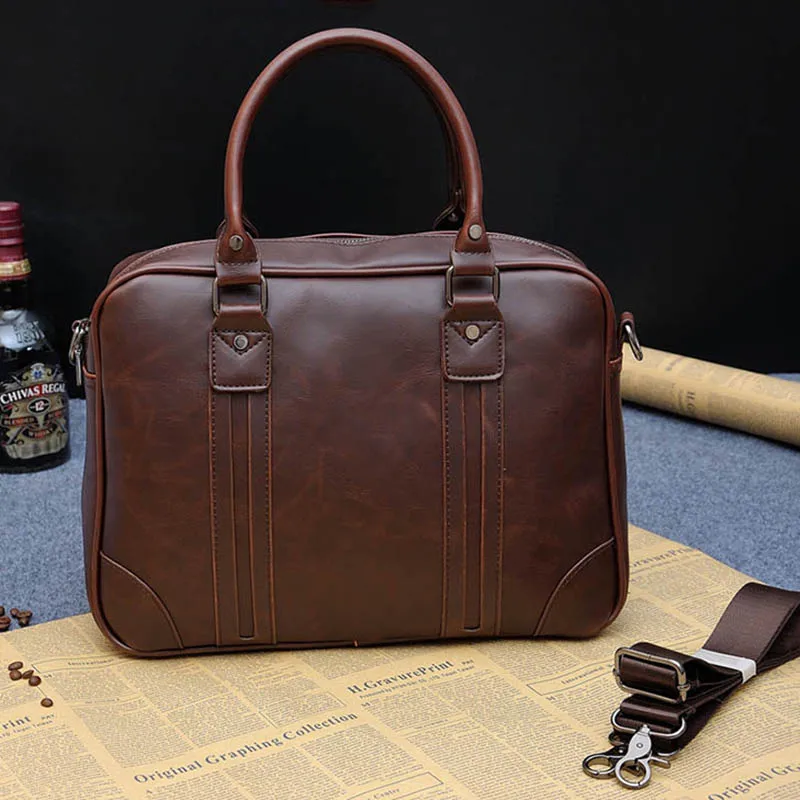 Brand Business Men's Briefcase A4 Document Brown Handbags Crazy Horse Laptop Bag Casual Man Shoulder Bags Vintage Travel Bag