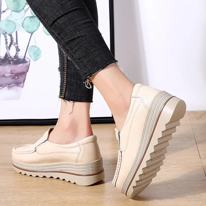 Autumn women flat shoes woman platform sneakers moccasins shoes woman creepers without lace genuine leather shoe ladies