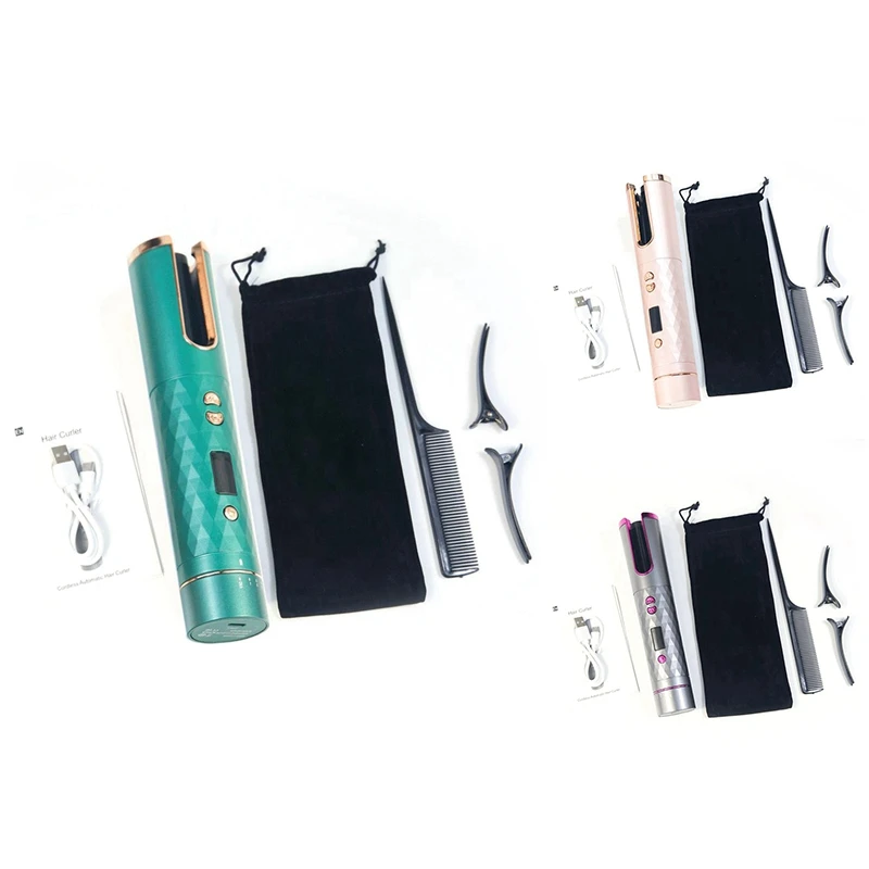 

USB Fast Hair Curlers USB Curling Iron LCD Display Wireless Ceramic Rotating Curling Tools Pink