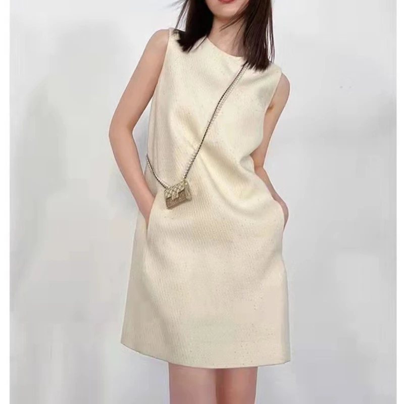

Женское твидовое платье-мини без рукавов, элегантное роскошное свободное платье во французском стиле с круглым вырезом, лето 2023