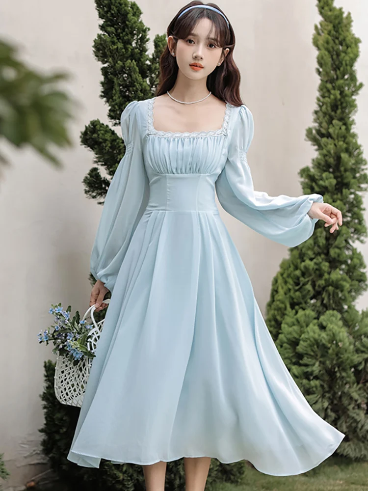 Новинка 2024 синее элегантное кружевное длинное платье с квадратным вырезом