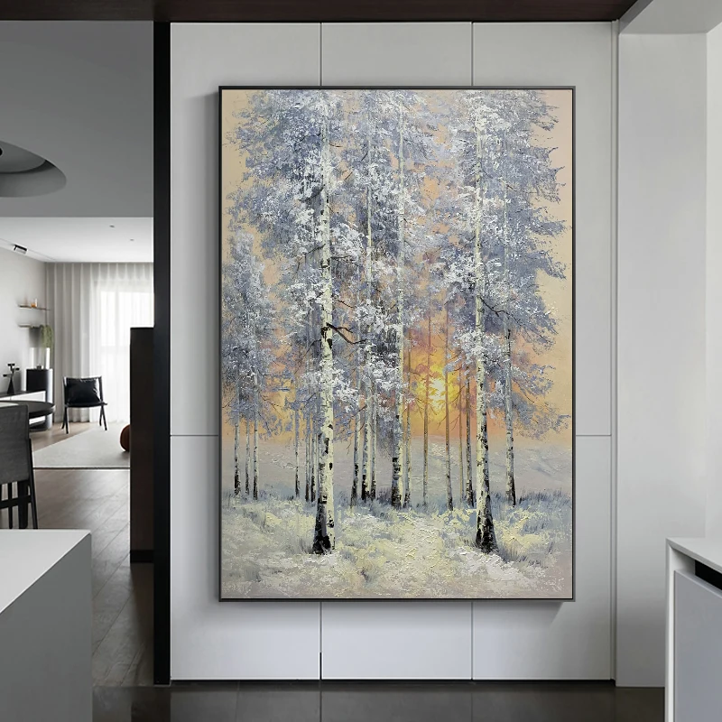 

Hand Painted Snow Scene Birch Forest Decorative Painting Nordic Landscape Painting Sunrise