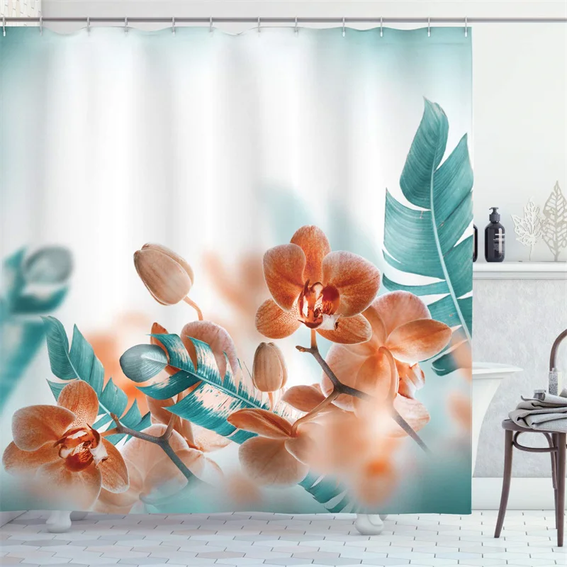 

3D Print Leaves Shower Curtain Liner Tropical Orchids Blossom Leaves on Blurred Background Floral Themed Modern Art Bath Curtain