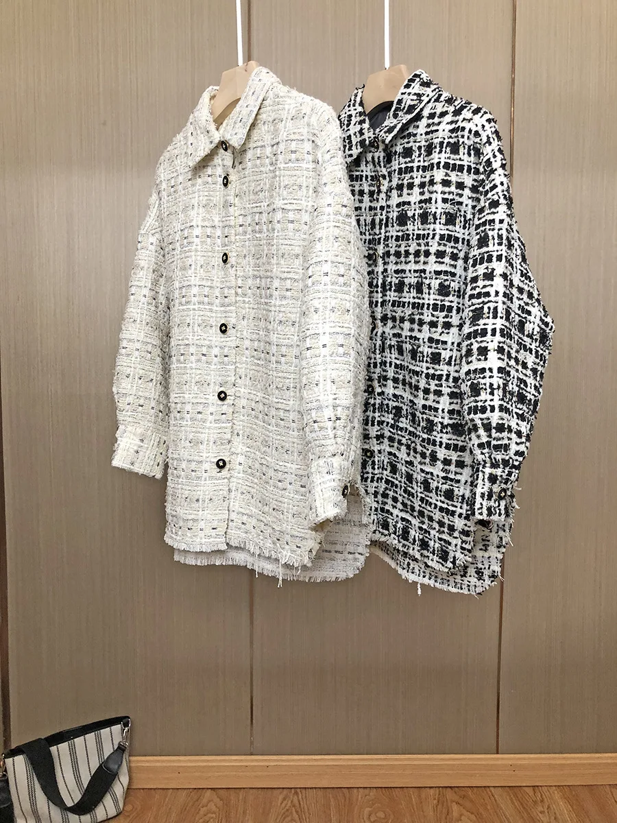 

Женская твидовая куртка в клетку, кардиган с отложным воротником, прямой жакет для осени и зимы, 2022