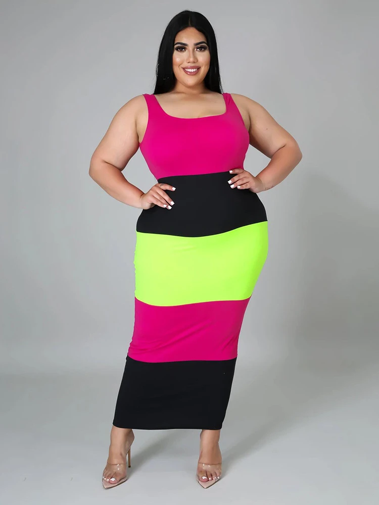 

Plus Size Dresses for Women 4XL 5XL O Neck Sleeveless High Waist Bodycon Office Lady Casual Ankle Length Patchwork Outfits