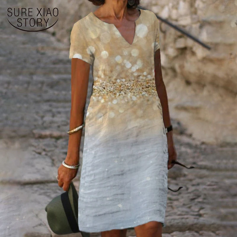 Женское винтажное платье до колена повседневное свободное элегантное с принтом