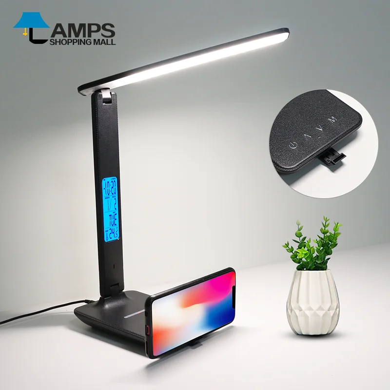 

LED Business Table Desk Lamp 5W Wireless Charging with Calendar Temperature Alarm Clock Eye Protect Dimable Touch Night Light