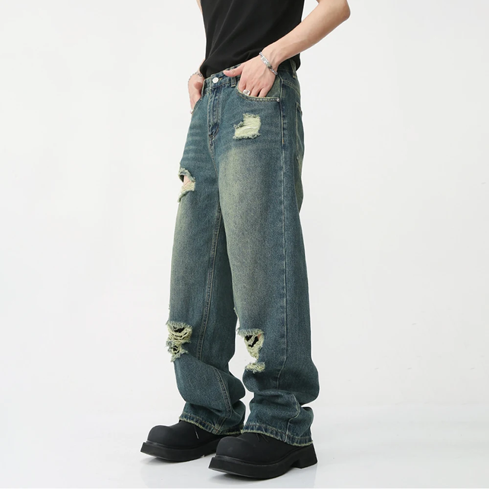 HOUZHOU Ripped Jeans for Men Wide Leg Pants Hip Hop Distressed Denim Trousers Male Vintage Casual Japanese Streetwear Hippie