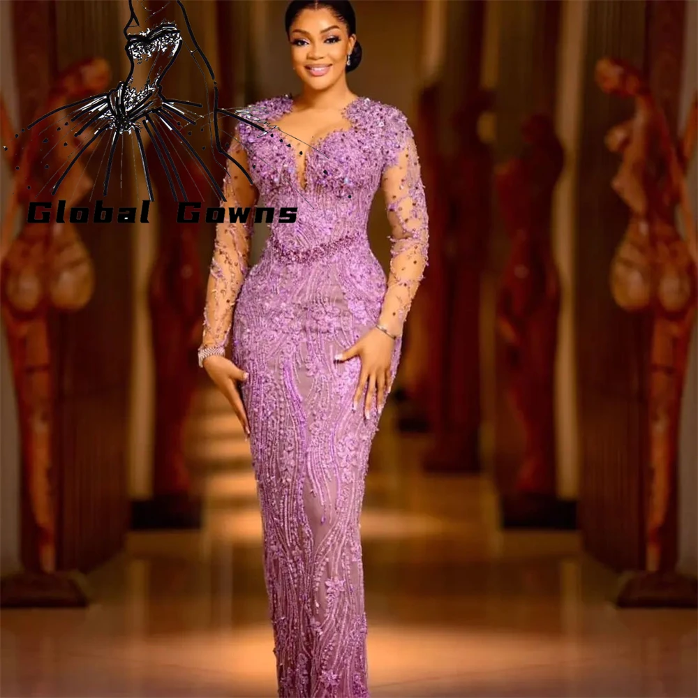 Фото Фиолетовые бусины Aso Ebi Вечерние платья Аппликации с длинными рукавами Платье на день рождения Женское платье 2024 для особых случаев по индивидуальному заказу №1