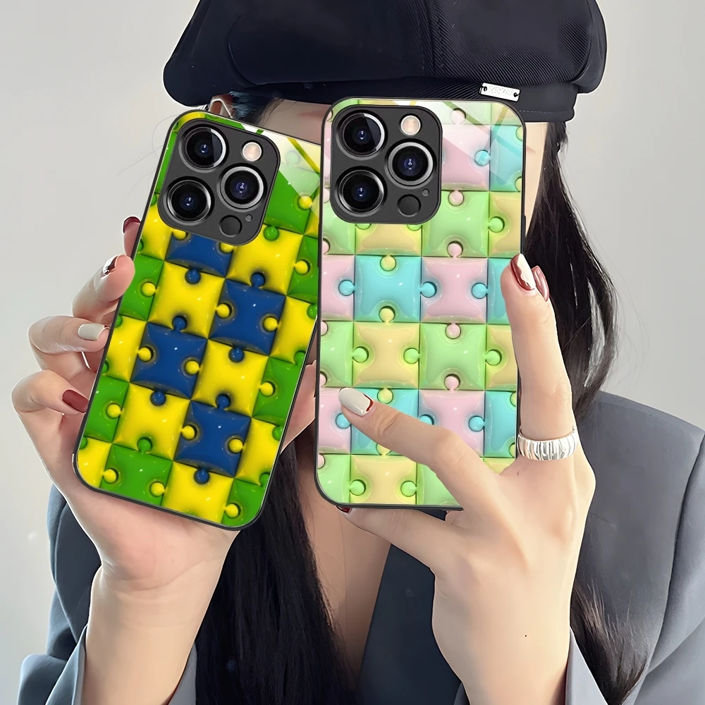 Puzzle Fashion Pretty Mobile Cell Phone Case for iPhone 16 15 14 13 12 11 X XR XS 8 Pro Max Plus Mini PC Glass Cover Shell