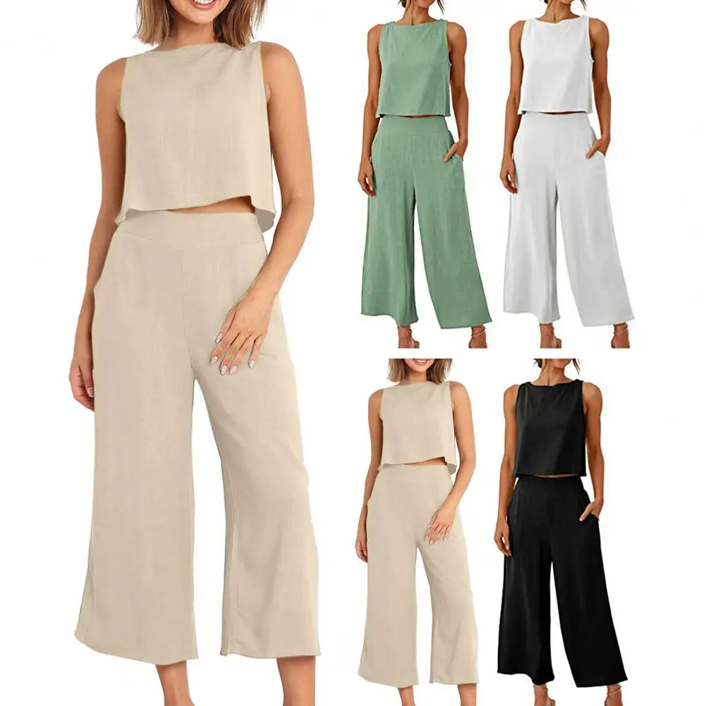 

2023 Summer AliExpress Europe and America Women's New Fashion Set Casual Cotton Linen Sleeveless Solid Color Two Piece Set