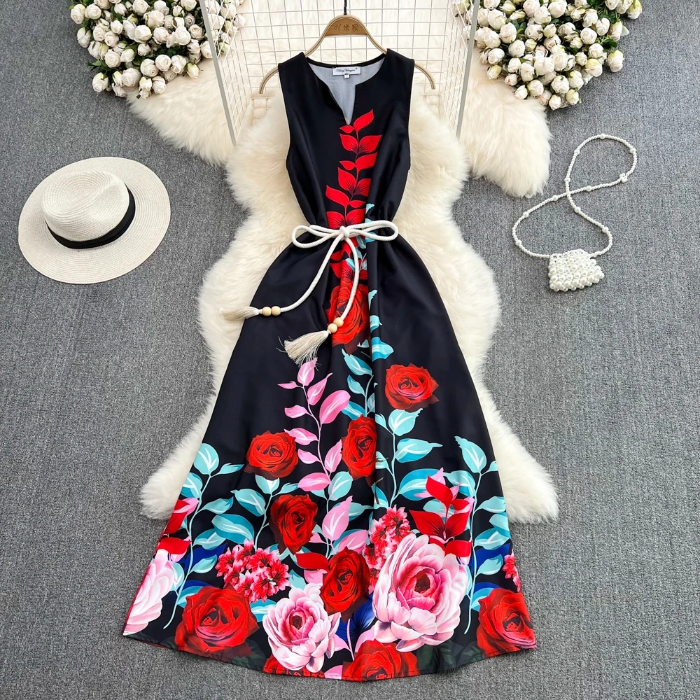 

Новинка лета 2023, модное стройнящее платье-трапеция в европейском и американском стиле с V-образным вырезом и принтом без рукавов