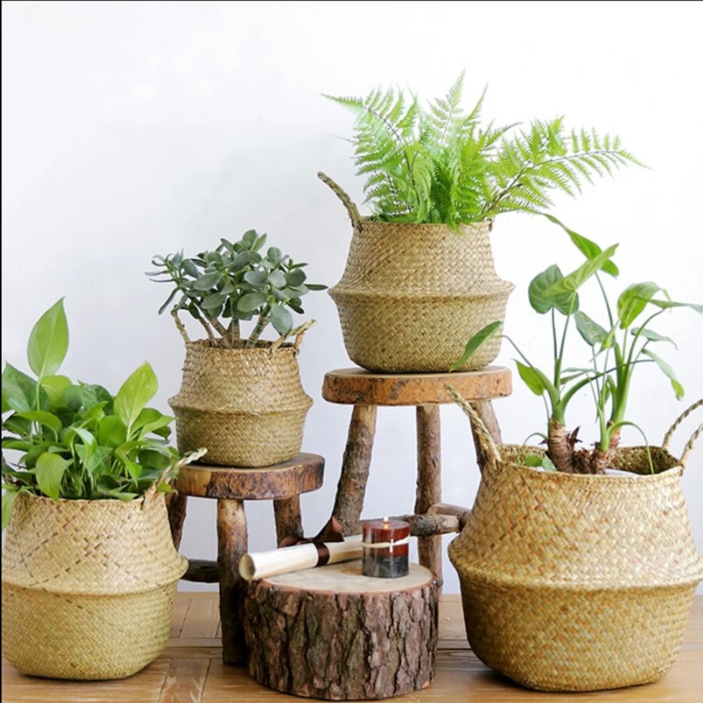 Handmade Bamboo Storage Baskets Seagrass Belly Garden Flower Pot Planter Basket Foldable Laundry Straw Patchwork Wicker Rattan