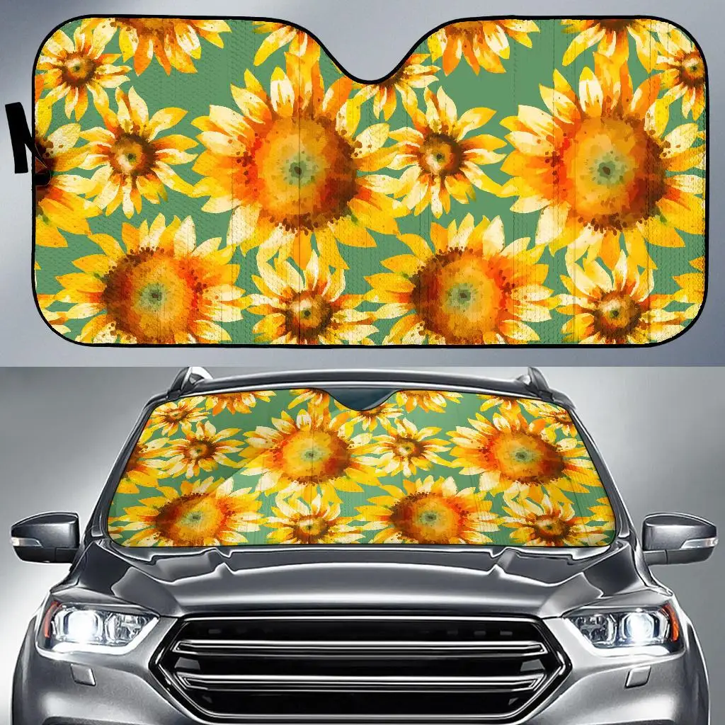 

Sage Watercolor Sunflower Pattern Print Car Sun Shade
