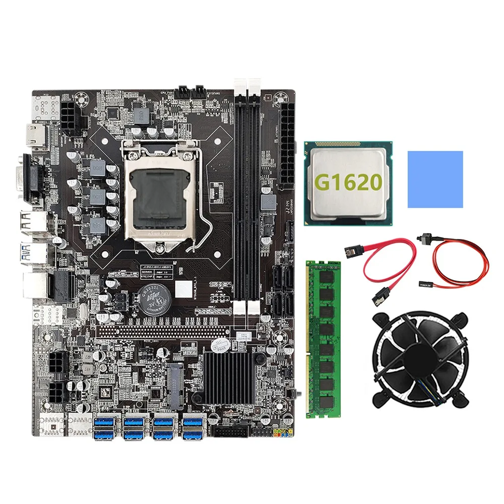 

B75 BTC Mining Motherboard LGA1155 8XPCIE USB3.0 G1620 CPU+SATA Cable+Thermal Pad+Cooling Fan+DDR3 4GB 1333Mhz RAM Miner