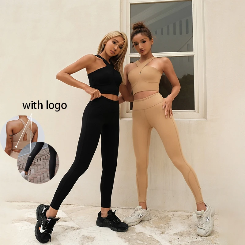 

With Logo Activewear Sexy 2 Piece Seamless Leggings With Bra Pad Bra Fitness Suit Workout Running Wear Two Piece Yoga Suit Women