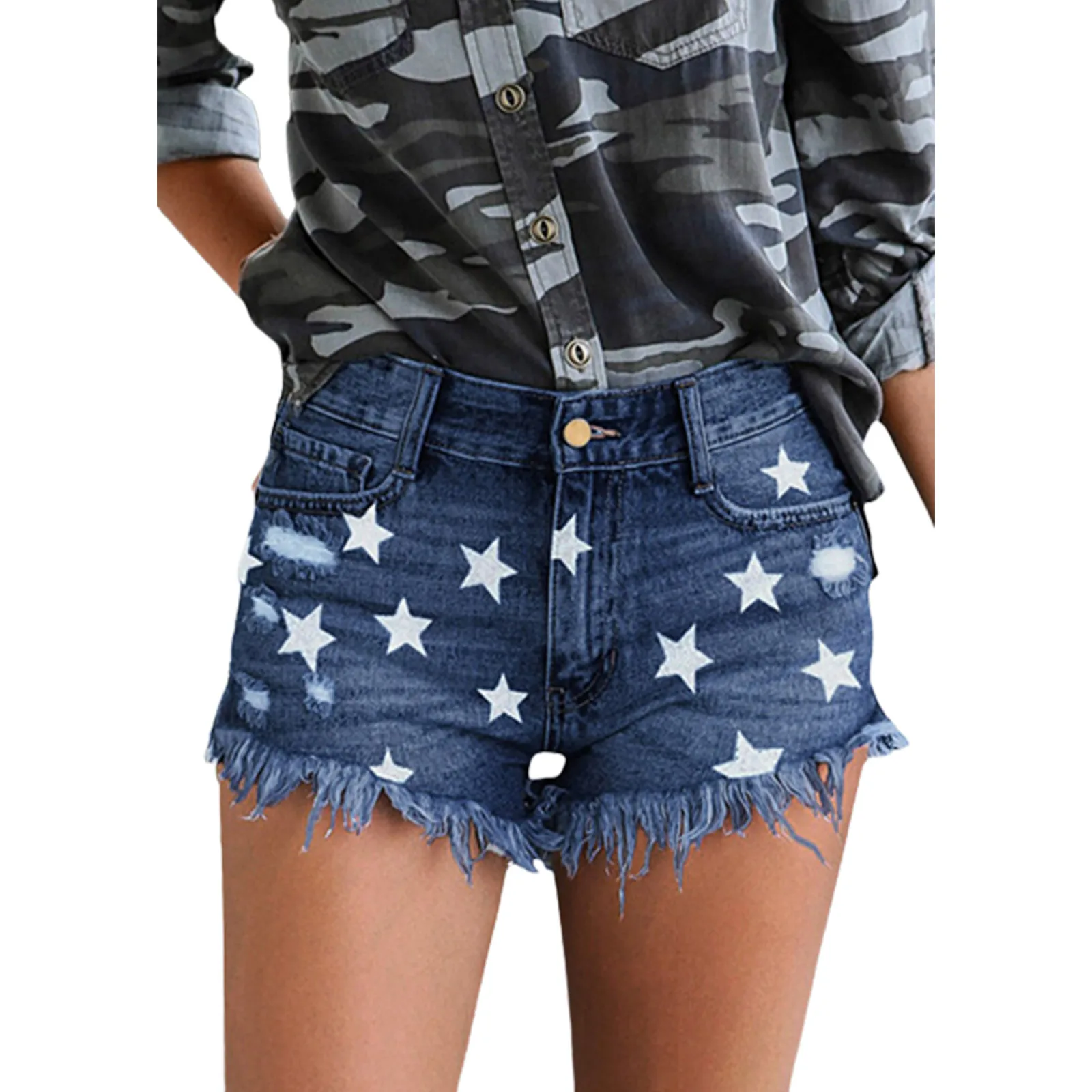 Women Star Tassel Pocket Button Ripped Slit Denim Shorts Casual Homewear Pants Bottoms Female Trousers Ladies Exercise Shorts