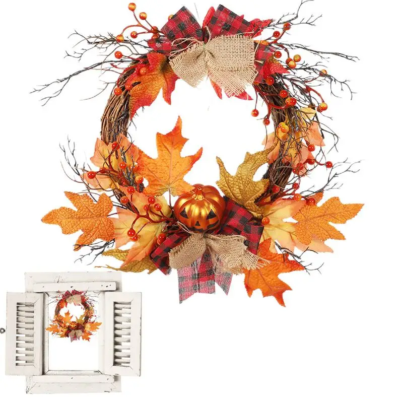 

Halloween Pumpkin Maple Leaf Wreath Front Door Wreath Artificial Pumpkins Maple Leaves Harvest Wreaths Festival Celebration Fall