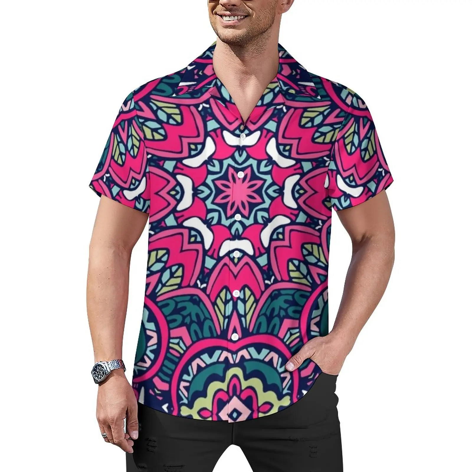 

Colorful Bohemia Print Vacation Shirt Mandala Flower Hawaii Casual Shirts Men Y2K Blouses Short-Sleeve Graphic Tops Plus Size