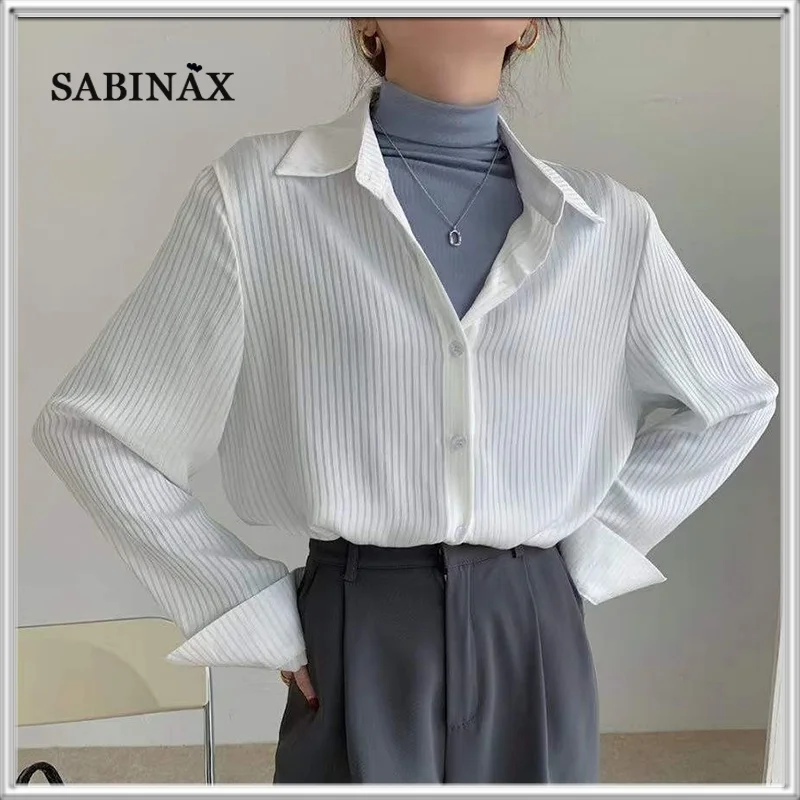 

SABINAX Office Ladies Striped Blouse Single Breasted Top Full Sleeve Loose Blouse Elegant Spring