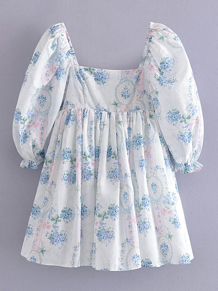 

2022 Women Blue Floral Print Holiday Princess Dress Elegant Square Neck Puff Sleeve Ladies Party Mini Dresses Summer Robe