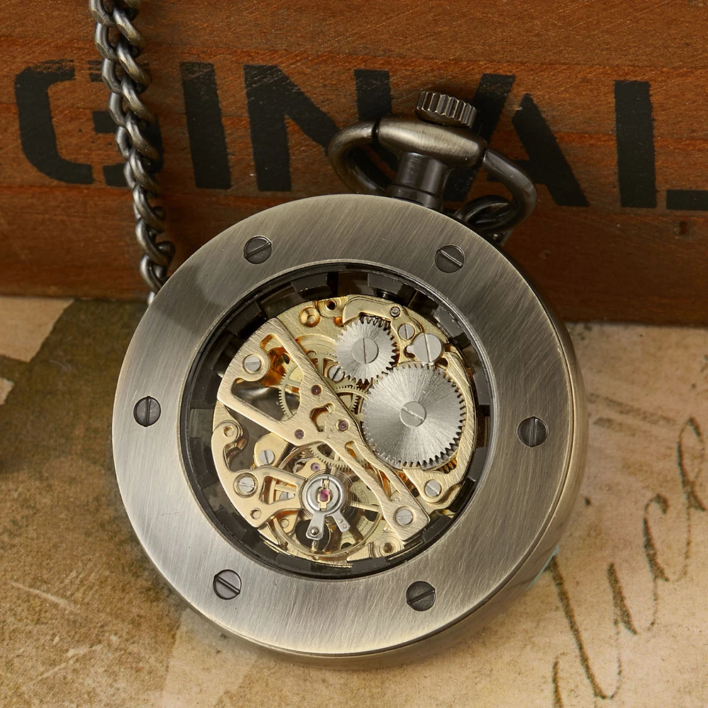 Bronze Vintage Mechanical Pocket Watch Men Roman Dial Fob Chains Skeleton Steampunk Clock Antique Pendant Necklace reloj hombre