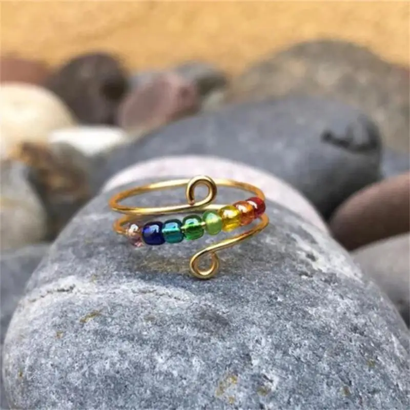 

New Rainbow Beads Ring Rotatable Drive Away Your Anxiety Fidget Ring Fashion Jewelry Accessories Gift Unisex For Couples