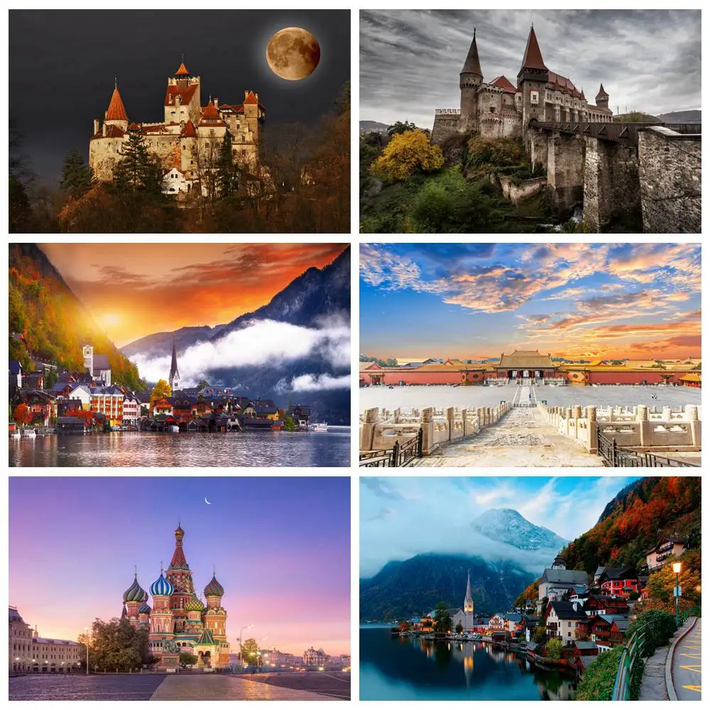 Landmarks Mountains Photography Backdrops Castles Decoration Custom Children Holiday City Scenic Spots Studio Photo Backgrounds