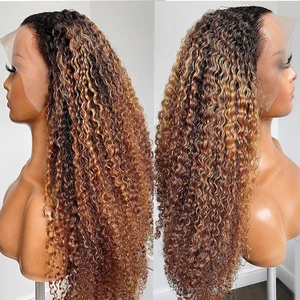 Soft Preplucked 26“Long 180%Density Ombre Honey Blonde Brown Kinky Curly Lace Front Wig For Black Women Babyhair Glueless Daily