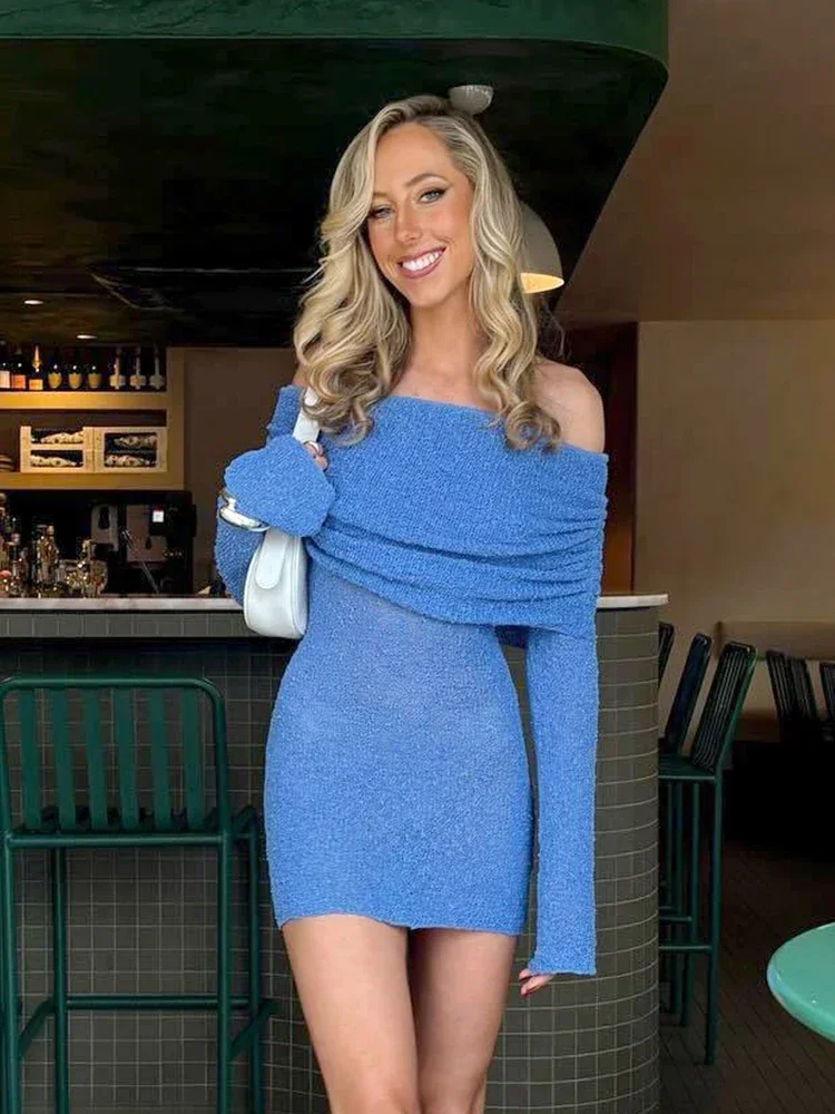 Женское трикотажное Прозрачное мини-платье с открытыми плечами и длинным