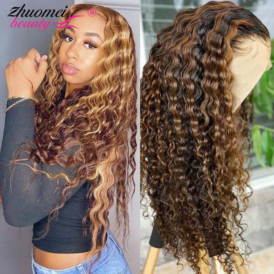 30 Inch HD 13X6X1 Ombre Deep Wave Lace Front Wig Peruvian Highlight Brown Deep Wave Lace Front Human Hair Wigs For Black Women