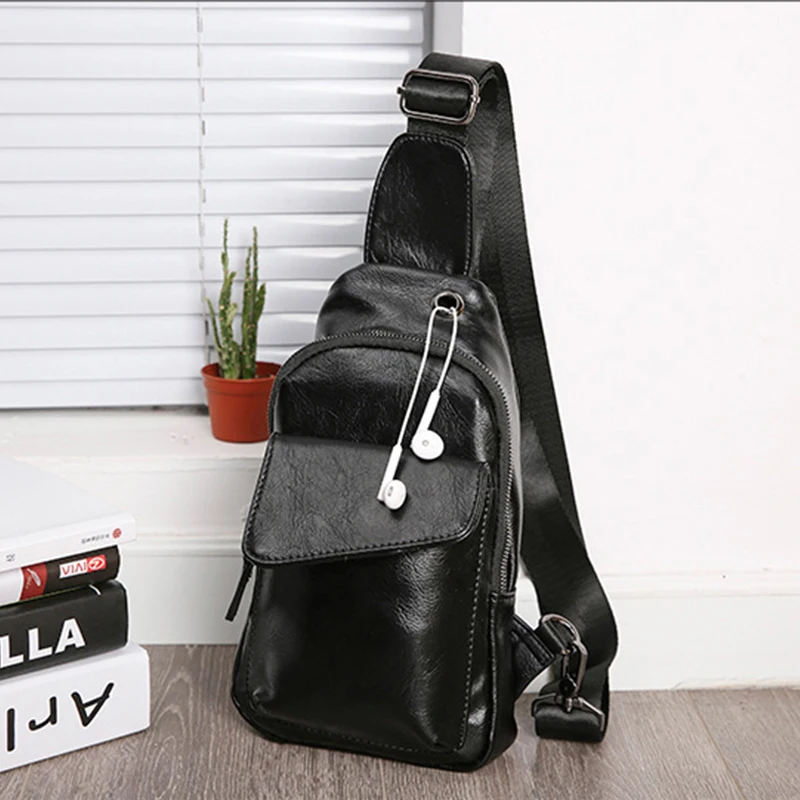 Man Chest Bag with Headphone Wire Hole Black One Shoulder Backpack Male Sling Phone Back Pack Bag Leather Bags for Men