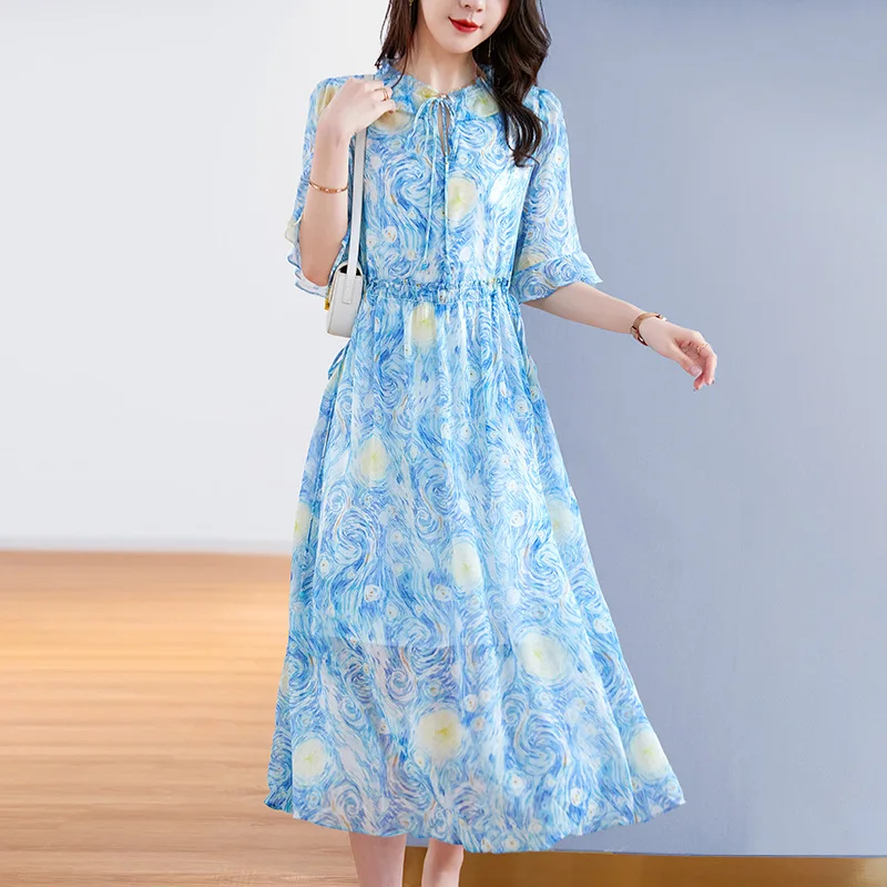 

Summer Vintage Painting Van Gogh Print Silk Chiffon Long Dresses Ruffles Lace-up Women Elegant High Waist A Line Party Robe Q160