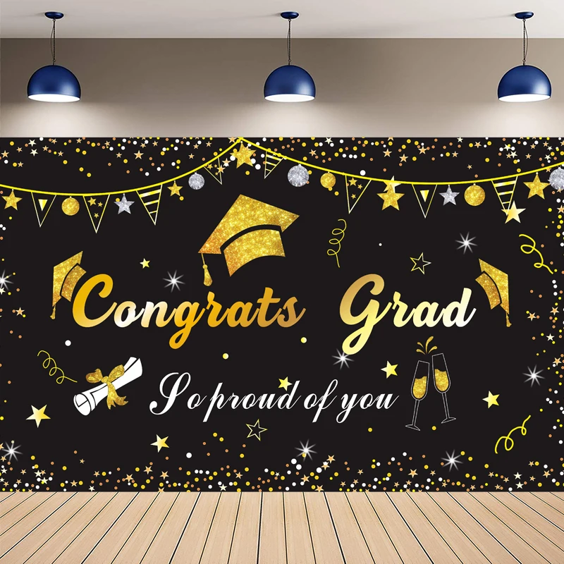 

Congratulation Graduation Graduate Children Back To School Golden Glitter Photographic Background Black Photography Backdrop