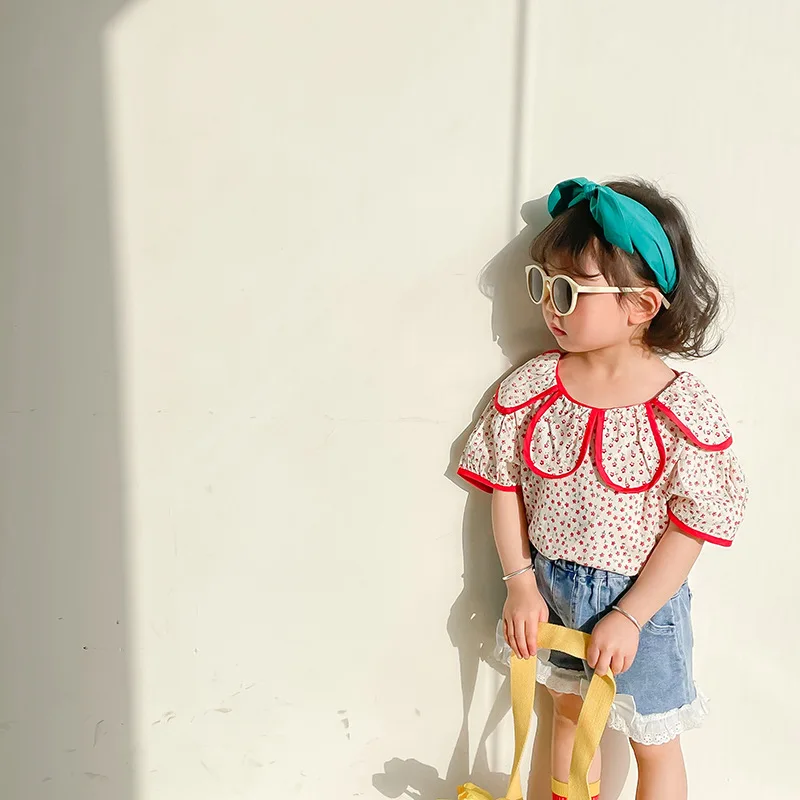 

2021 summer children's cute, high-profile, flower-studded collar tops