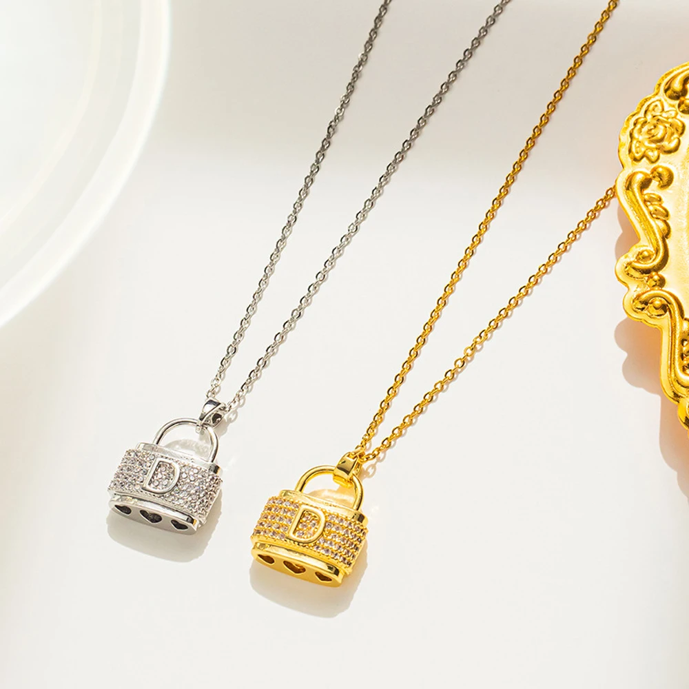 

ALTERA Fashion Cute Handbag Pendant Necklace Luxury Crystal Letter Lock Charm Choker for Women Stainless Steel Jewelry Gift 2023