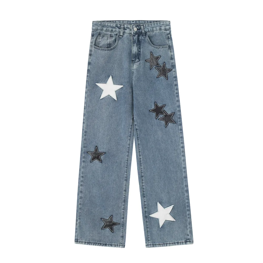 

Blue Fashion Star Embroidered Jeans Mens Trendy Washed Loose Straight Denim Pants American Style High Street Wide Leg Trousers