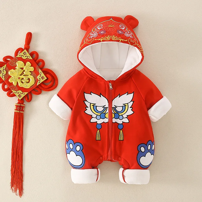 

Baby Romper Winter Clothes Festive New Year Tang Suit Lion Dance Print Red First Birthday Gift Infant Thick Jumpsuit with Zipper