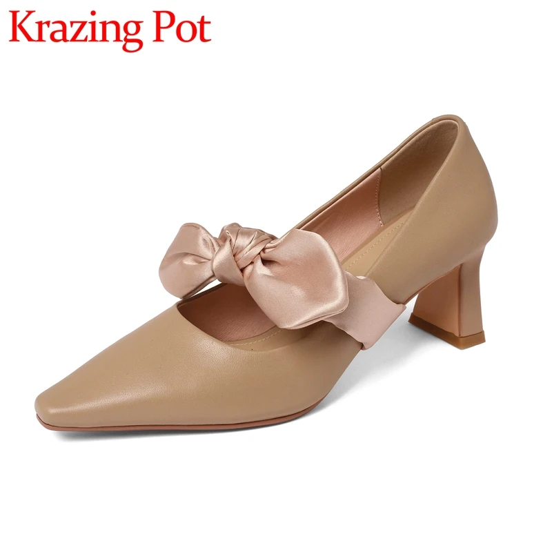 

Krazing Pot Cow Split Leather Small Square Toe High Heels Butterfly-knot Fairy Style Beauty Lady Dating Slip on Women Pumps L26