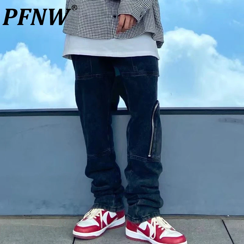 

PFNW Autumn Men's Hip Hop Multi Pockets Straight Jeans China-Chic High Street Side Zippers Split Washable Denim Trousers 12Z1698
