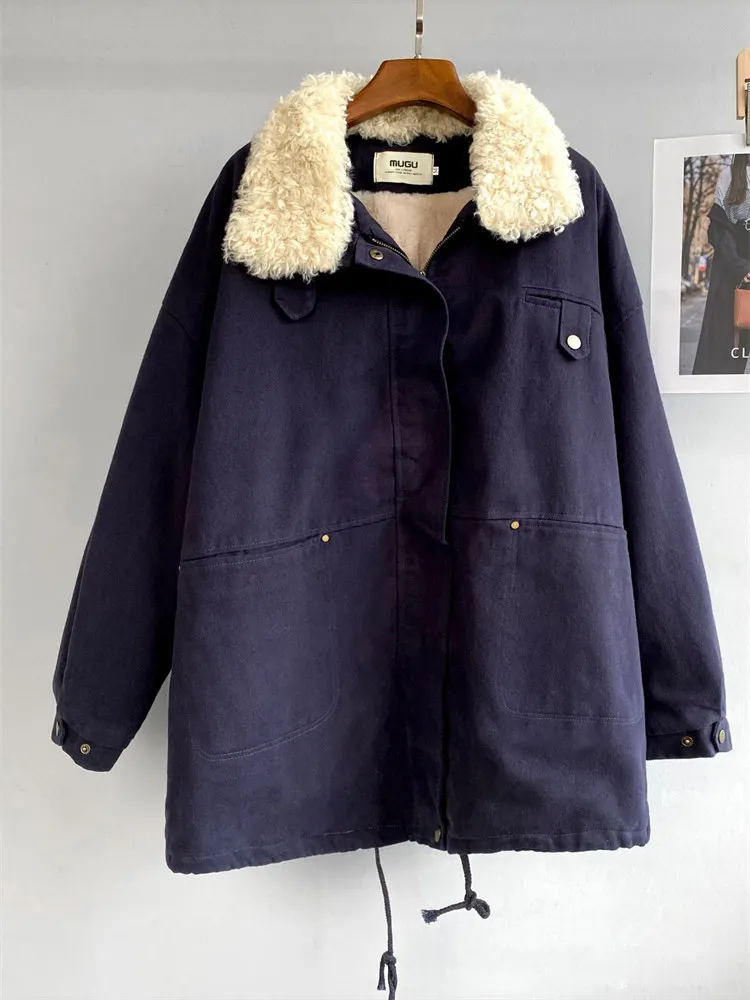 Red Padded Denim Parker Women 2022 Winter New Mid-Length Tooling Coat Lamb Wool Inner Thick Warm Jacket Female N1524