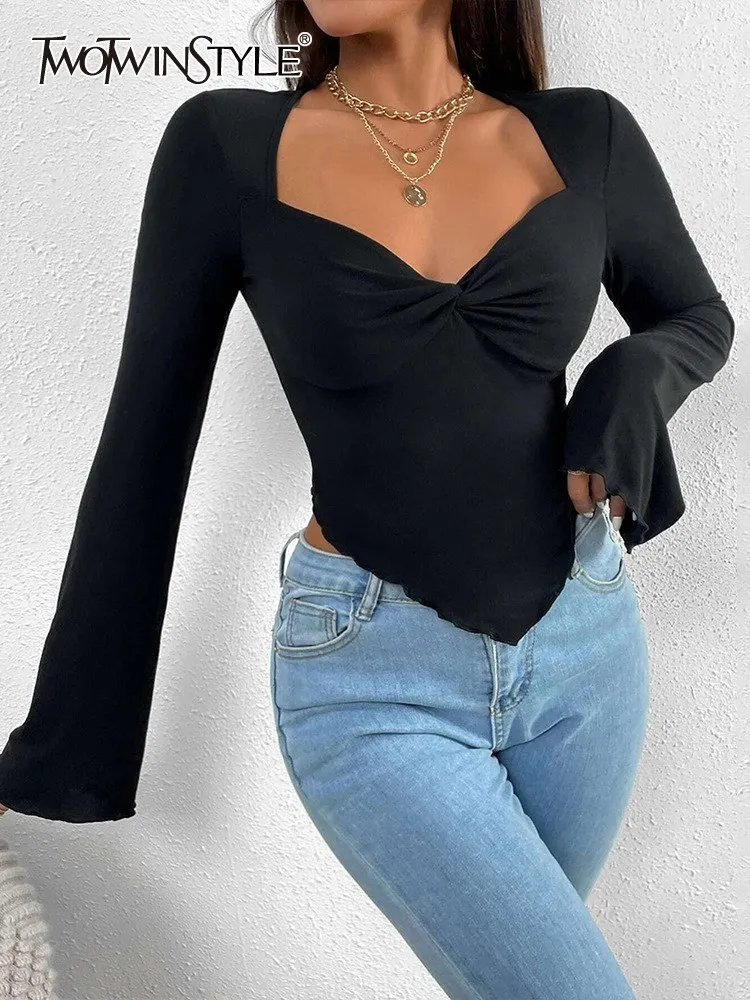 

TWOTWINSTYLE Asymmetrical Solid T Shirts For Women Deep V Neck Flare Sleeve Slimming Ruched Chic Pullovers Female Fashion New
