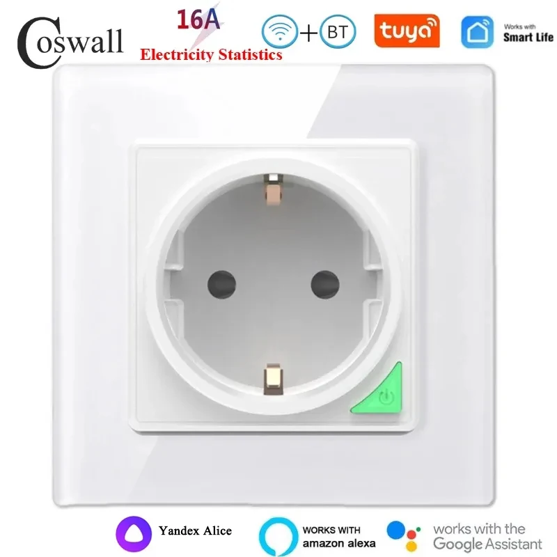 

COSWALL Glass Panel White WIFI Tuya+ Bluetooth Smart EU / Universal Wall Socket With Power Monitoring Alexa Voice Control