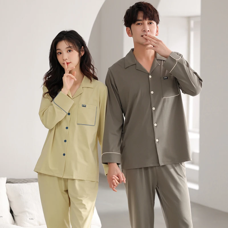Высококачественный весенне-осенний пижамный комплект для пар хлопковые пижамы с