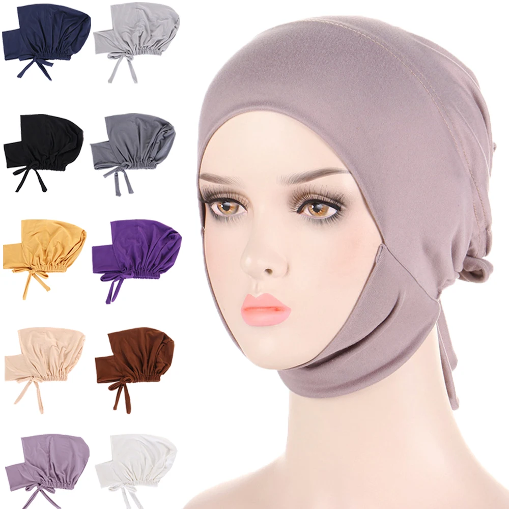 

Muslim Stretch Tie Back Jersey Bonnet Inner Hijab Caps Islamic Underscarf Hat Female Headscarf Headwrap Arab Turban Mujer Adjust