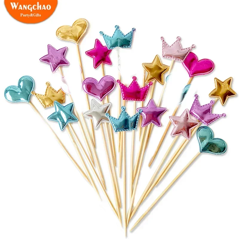 

5pcs Colorful Star Love Heart Shaped Crown Cake Topper Happy Birthday Cupcake Topper Kids Favors Party Supplies Home Decoration