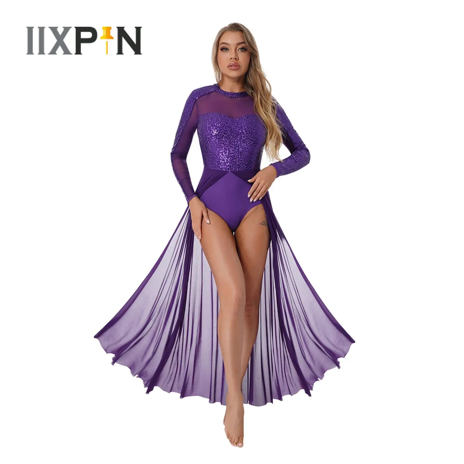 

Women Lyrical Dance Dress Sparkling Sequins Long Sleeve Mesh Ballet Dance Gymnastics Leotard Dress Contemporary Dance Costumes